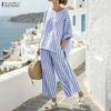 Women 3/4 Sleeve Blouse and Pants Summer Stripe Two Piece Suit Sets
