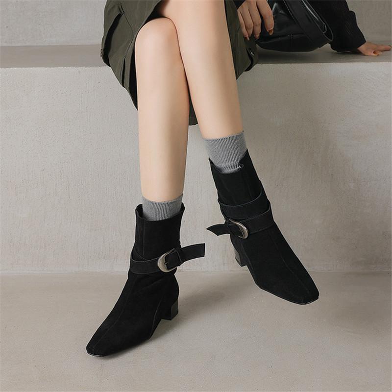 Fashion New Autumn/winter Cow Suede Women Boot Square Toe Shoes for Women Fashion Boots Low Heels Buckle Work Boots Western Boots