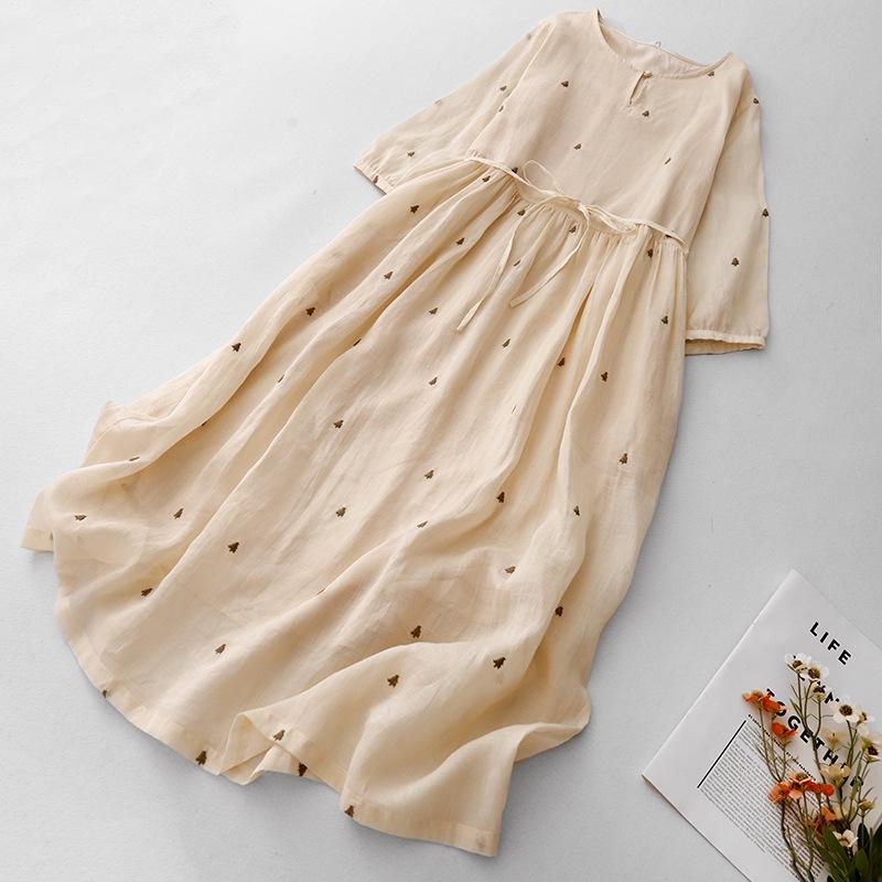 Heavy Industry Embroidery Coffee Break Cotton and Linen Dress Women's Retro Casual Lace-up Waist Round Neck Seven-quarter Sleeve Long Skirt