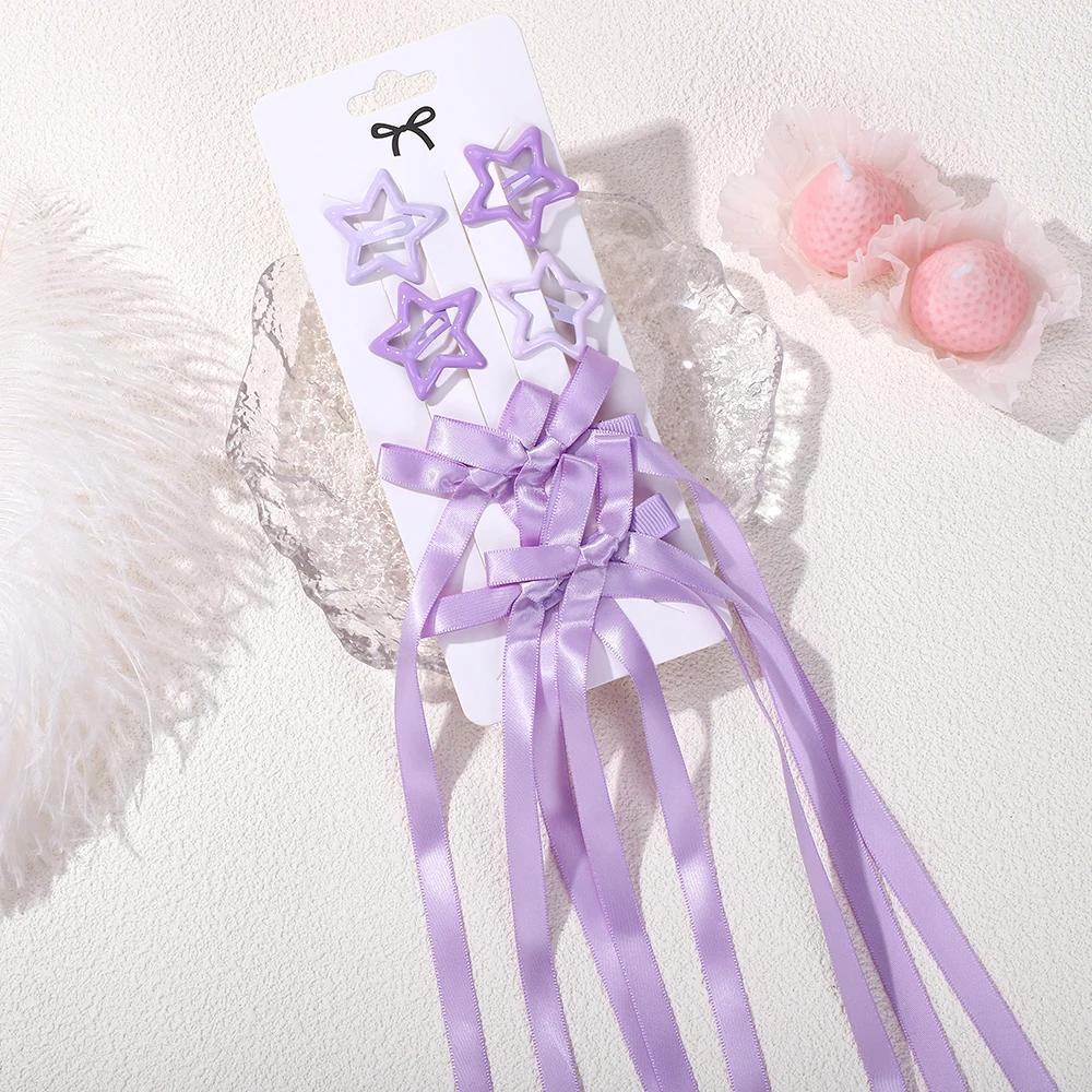 6 шт./набор Y2k Звездные заколки-клипсы для волос с длинной лентой-бантом, заколки-автоматы для женщин, девочек, двойные хвостики, головные уборы, аксессуары для волос