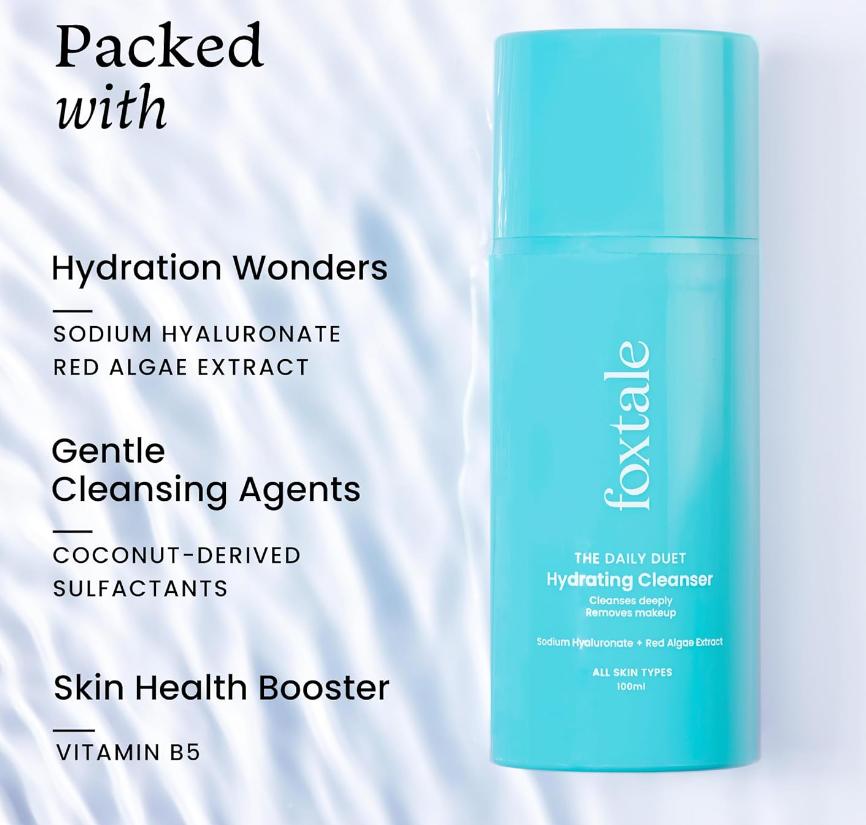 Fox Tale The Daily Duet Gentle Hydrating Face Wash And Makeup Remover, Hyaluronic Acid And Red Algae Extract, 100ml