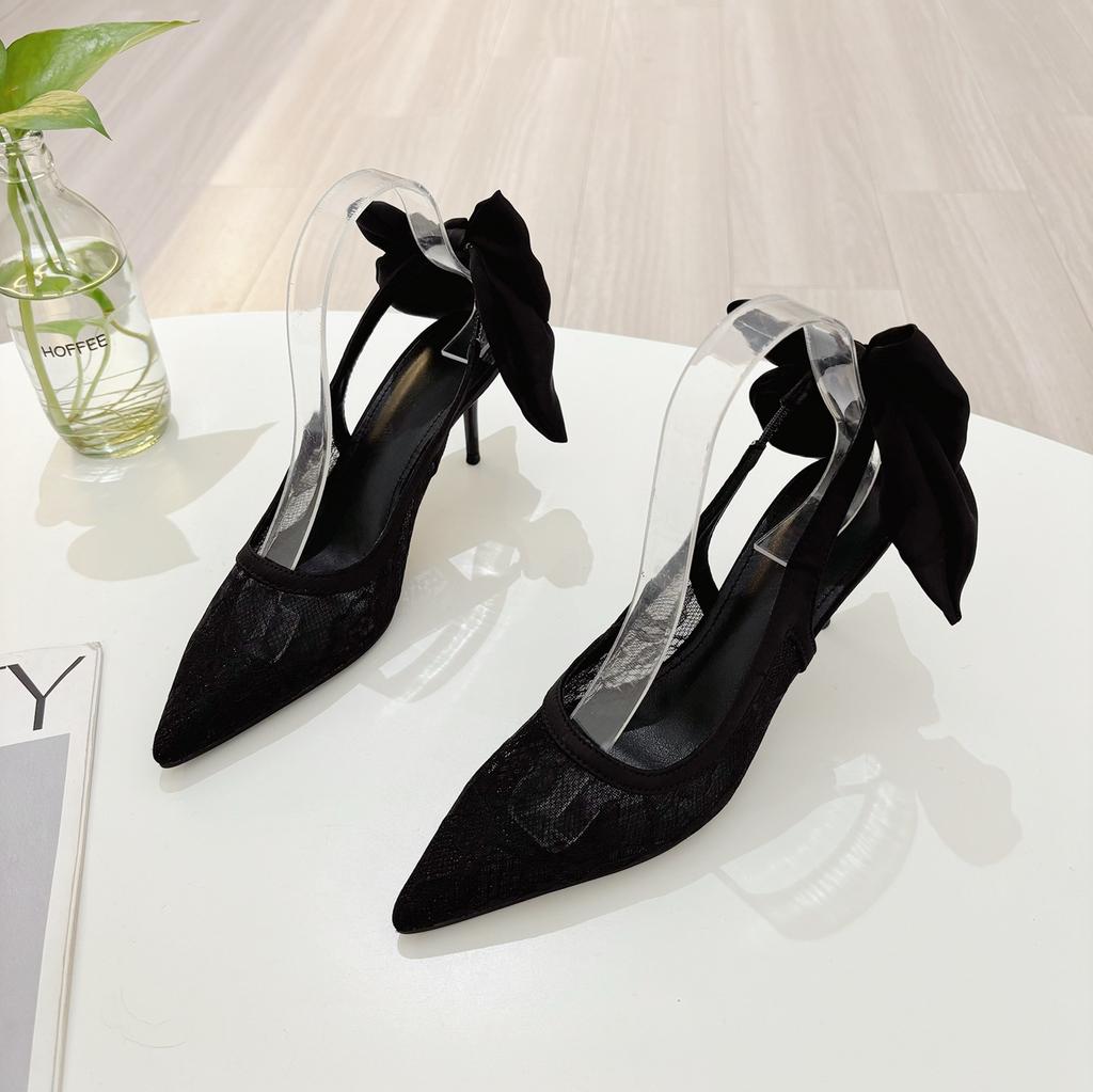 Fashion Temperament Pointed Toe Women Shoes Sexy Breathable Mesh Lace Back Butterfly-knot Thin High Heels Sandals