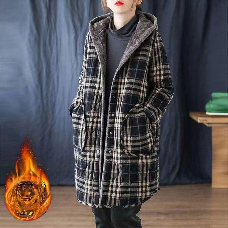 Winter Jacket Plus Velvet Thick Padded Jacket Women's Literature and Art Plus Size Women's Hooded Padded Jacket Plaid Padded Jacket Women