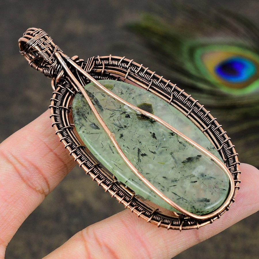 Prehnite Gemstone Copper Wire Wrap Jewelry Pendant 3.47