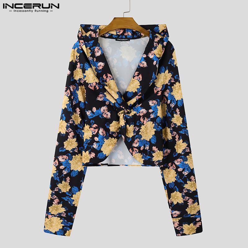 INCERUN Мужские толстовки с капюшоном с длинным рукавом спереди и перекрученным узором, короткие топы с принтом