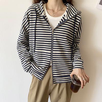 Полосатая толстовка с капюшоном, куртка на новый год, женская, осенняя, студенческая, свободная, на молнии, короткая, с длинными рукавами, весна и осень