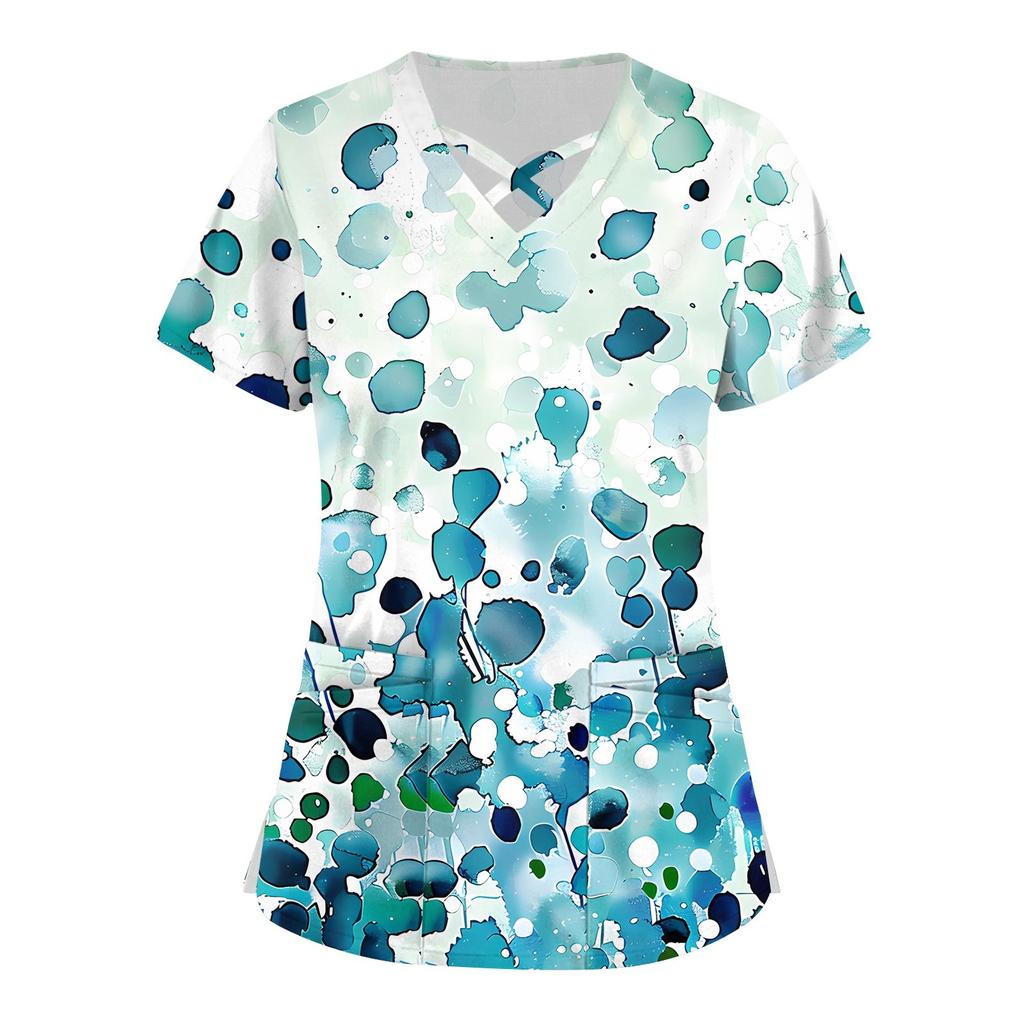 Women's Short Sleeve Stagger V Neck Print Pocket Dry-nurse Top