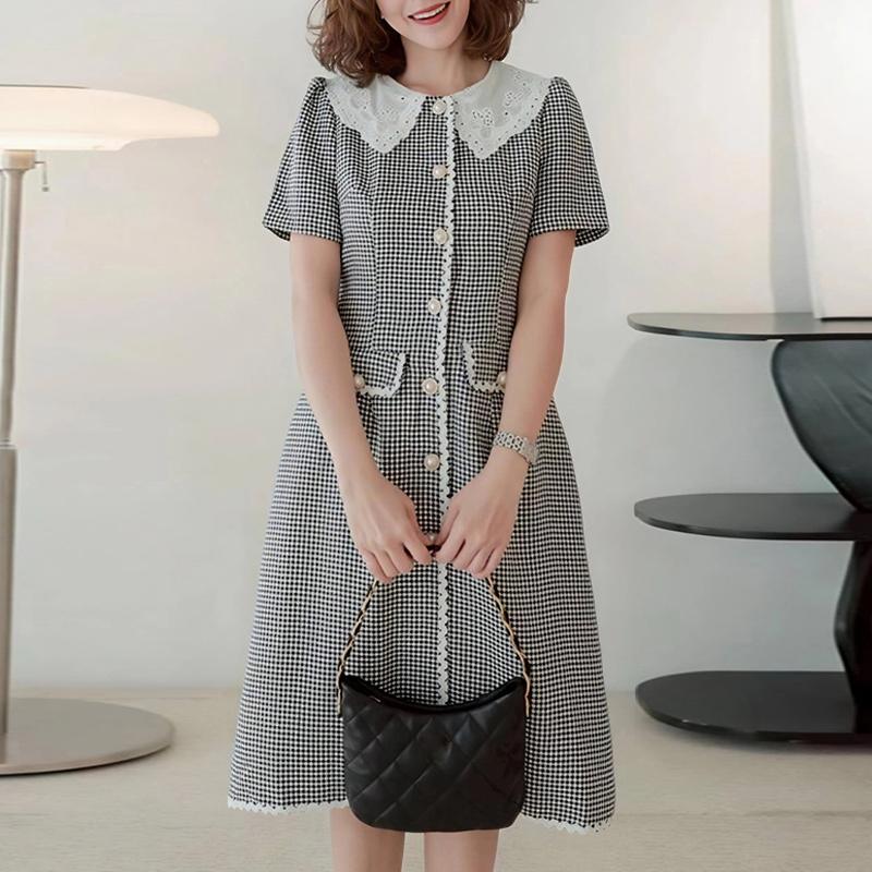 ZANZEA Женское повседневное платье с кружевной вставкой, кукольным воротником, коротким рукавом и клетчатым принтом