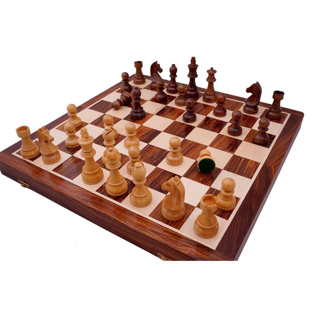 Handcrafted Rosewood Unique Chess Board Set Foldable Secure Storage for Magnetic Pieces with Extra Queens Chess Set for 2 Players Kids and Adults