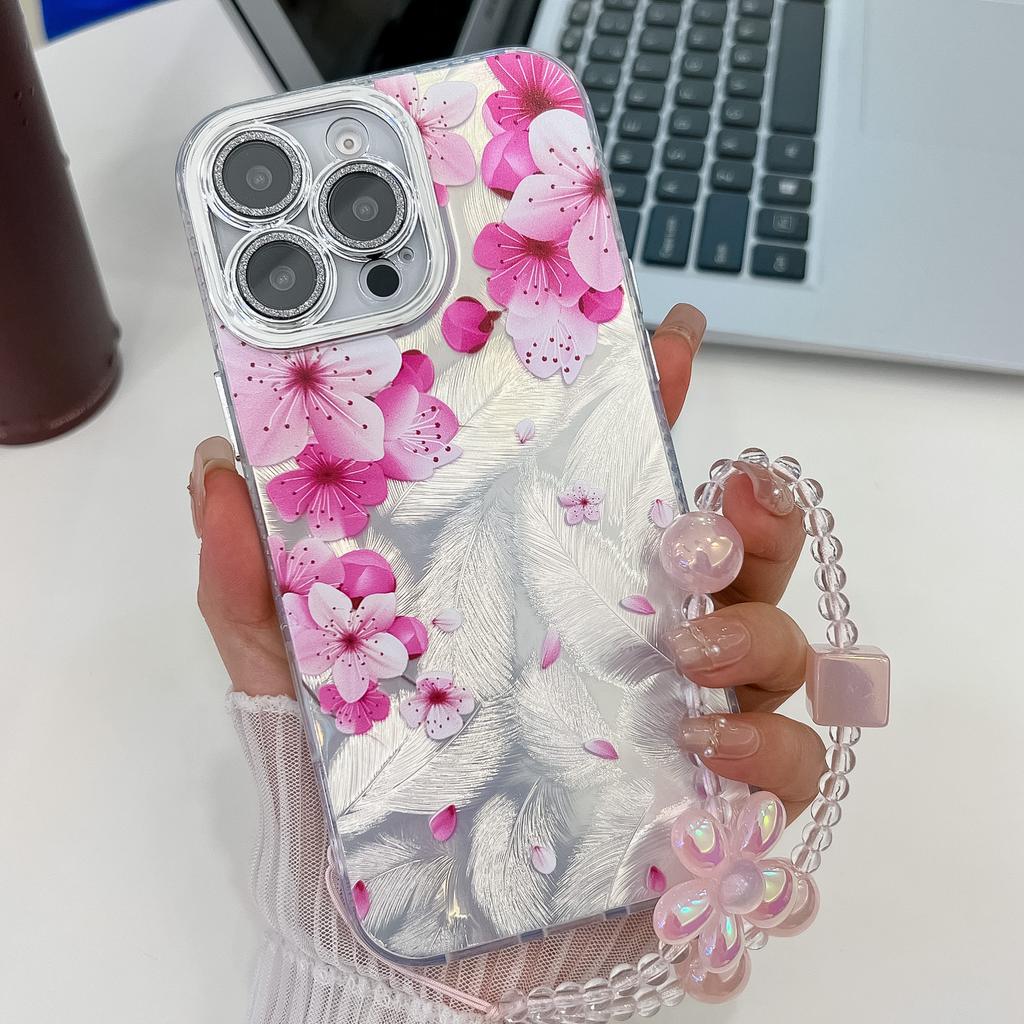 For Apple 16E Flower Phone Case for IPhone 15 Promax with Bracelet Sparkling Pink Lens Film Hard Case