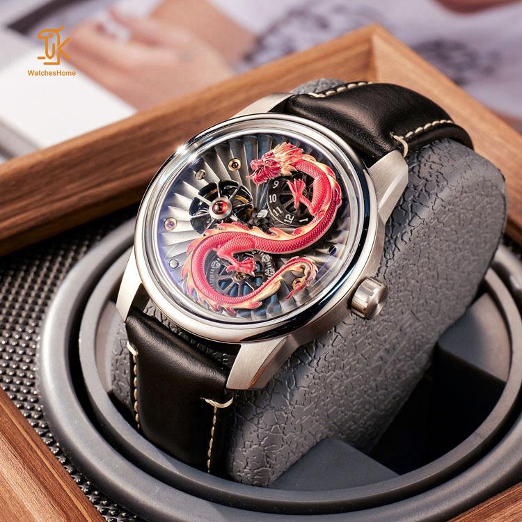 Rose Gold Stainless Steel case Mechanical 3D Red Dragon Watch for Men Automatic Wristwatches logo Brand Customized Supplier