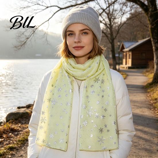 Lightweight Winter Layering Glitter Sparkly Foil Snowflake Print Scarf for Women, Christmas Warm Fashionable Neckwear Theme Shawl Wrap, Fall