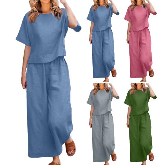 2 Pcs/Set Women Top Pants Set Round Neck Solid Color Short Sleeves T-shirt Adjustable Waist Wide Leg Trousers Casual T-shirt Trousers Set