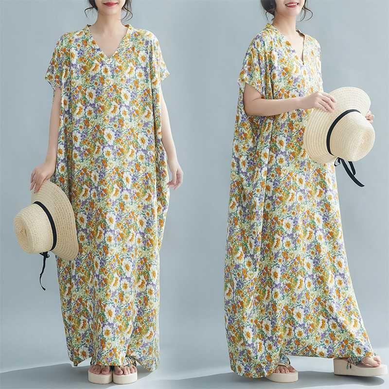 Богемное летнее платье Свободное платье макси с V-образным вырезом и принтом из мягкой вискозы