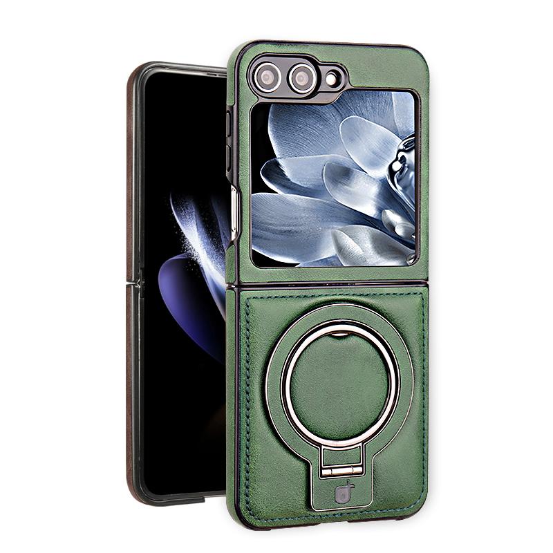 Luxury Leather Phone Case For Samsung Galaxy Z Flip 7 6 5 4 3 5G Magnetic Cover Ring Metal Bracket Shockproof Kickstand Cover