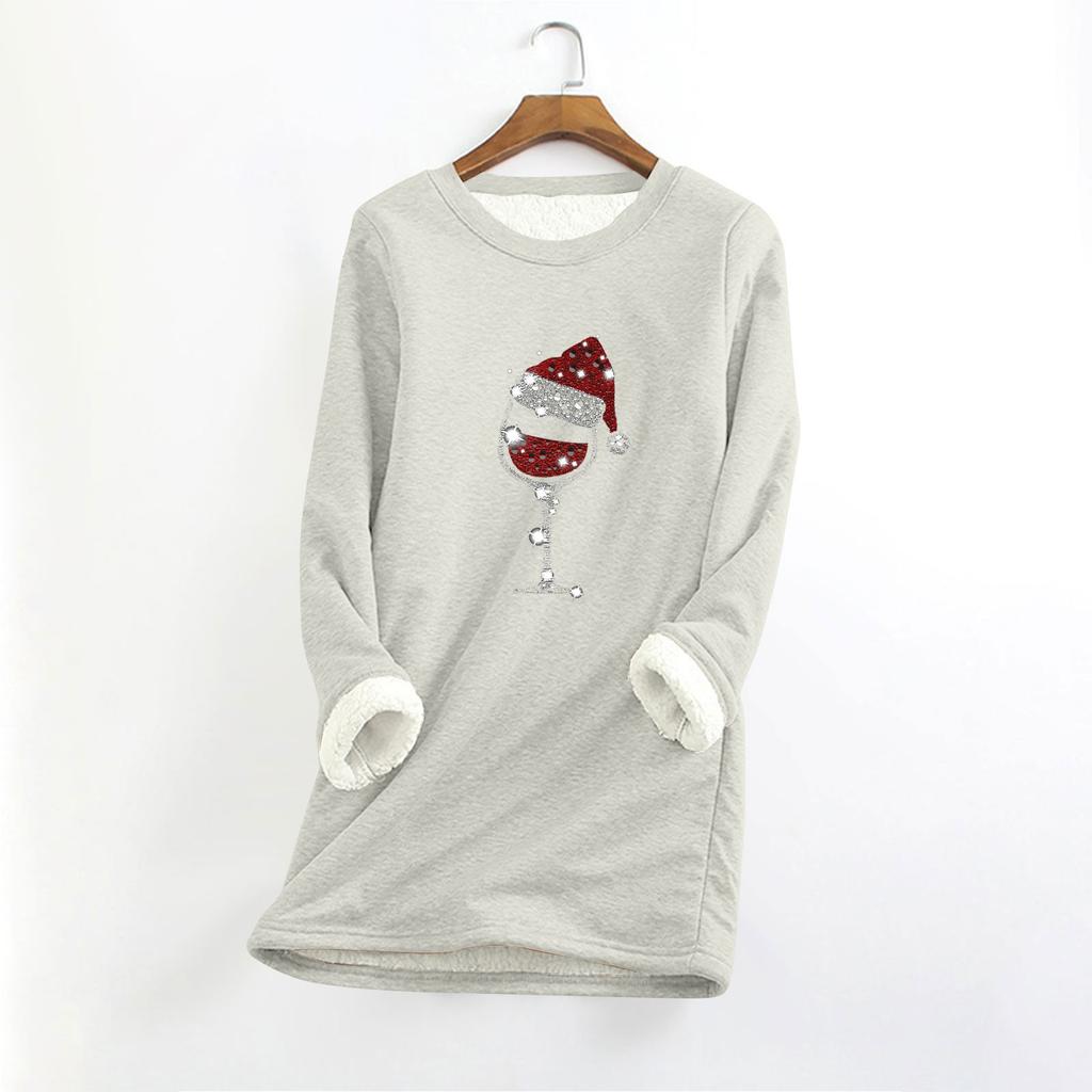 Женский круглый вырез с длинным рукавом и рождественским принтом, утолщенный плюшевый кашемировый теплый длинный топ