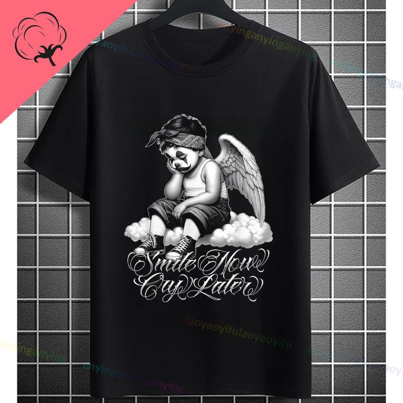 Funny Smile Now Cry Later Clown Mask Graphic Tshirt Chicano Style Shortsleeve Pure Cotton Streetwear Fashion Casual Tshirt