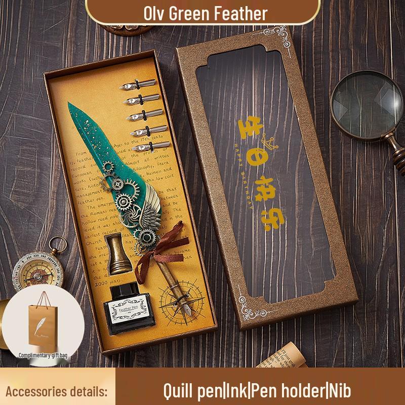 European Steampunk Quill and Ink Set with Wax Seal - Retro Fountain Pen Gift Box for Birthdays