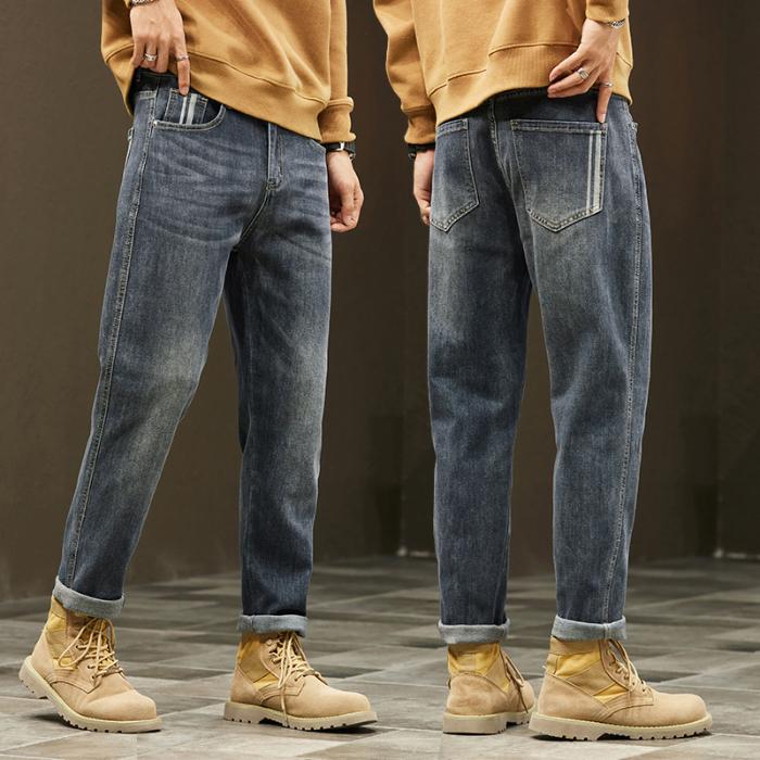 Большие размеры мужские осенние синие джинсы длинные брюки новые свободные винтажные эластичные с высокой талией базовые повседневные шаровары мужские длинные брюки