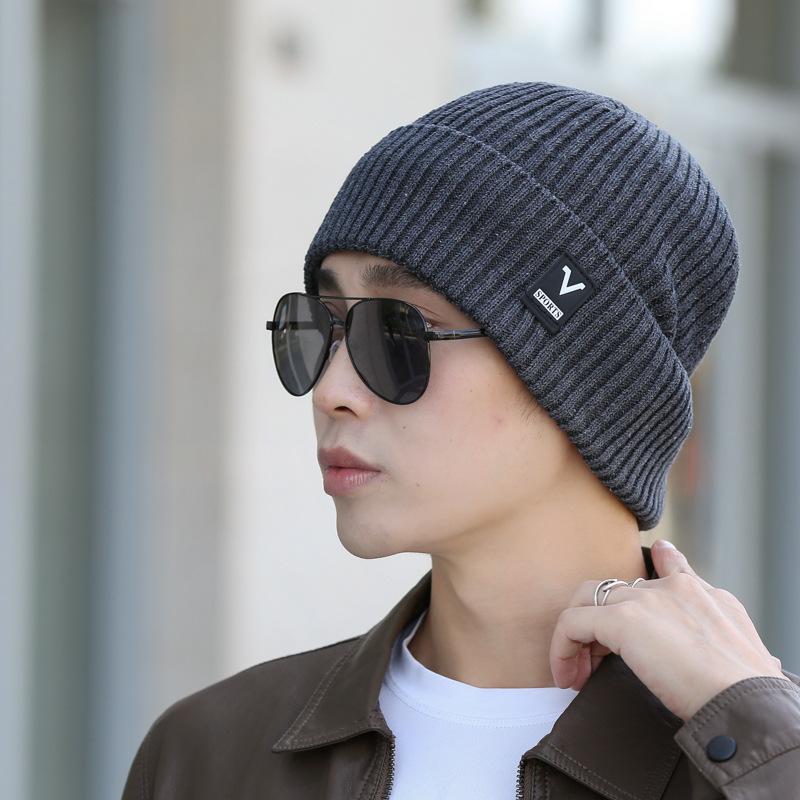 Winter hat men's warm fleece thickened v-standard knitted hat autumn and winter pullover cold-proof youth wool hat