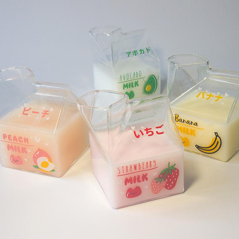 1PC Cute Square Breakfast Cups Kawaii Bottle Milk Carton Clear Wine Container Glass