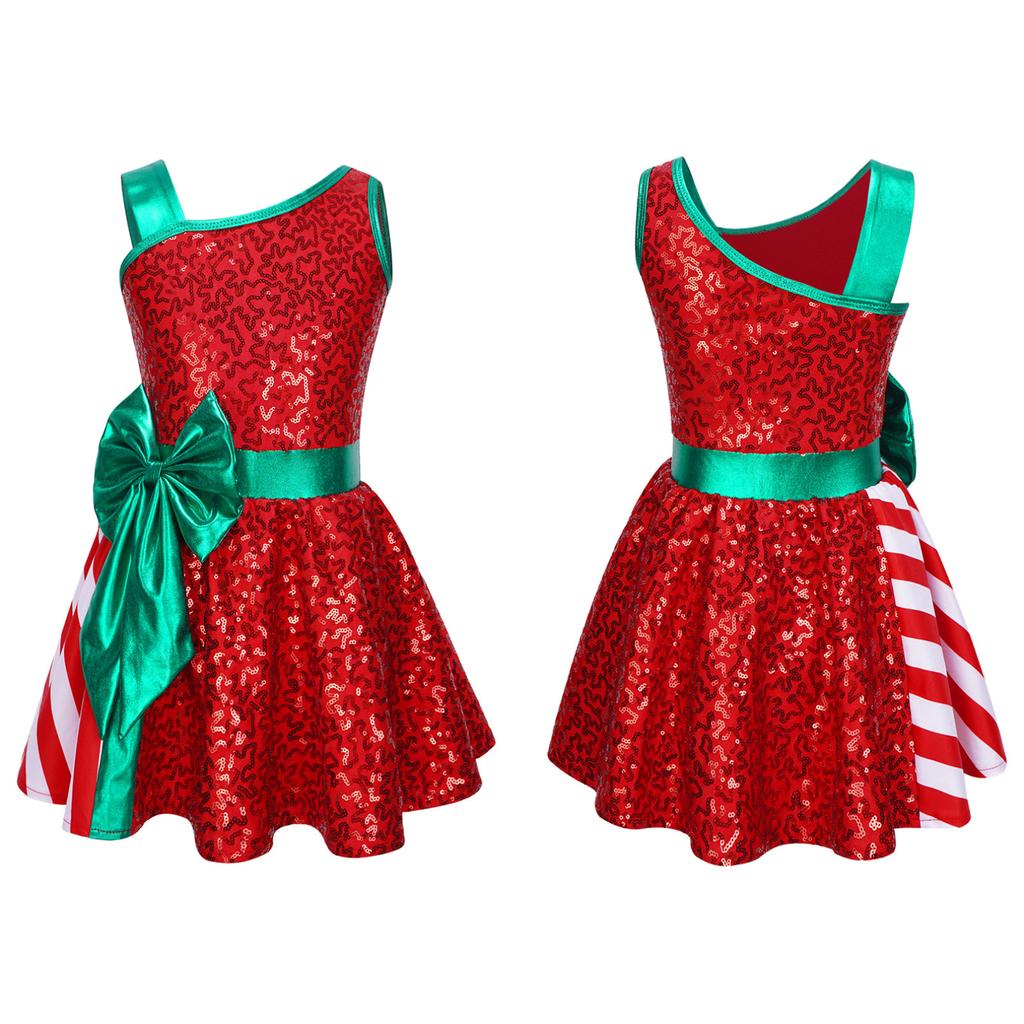 Kids Girls Christmas Elf Costume Shiny Sequined Ballet Dance Ice Skating Performance Leotard Dress