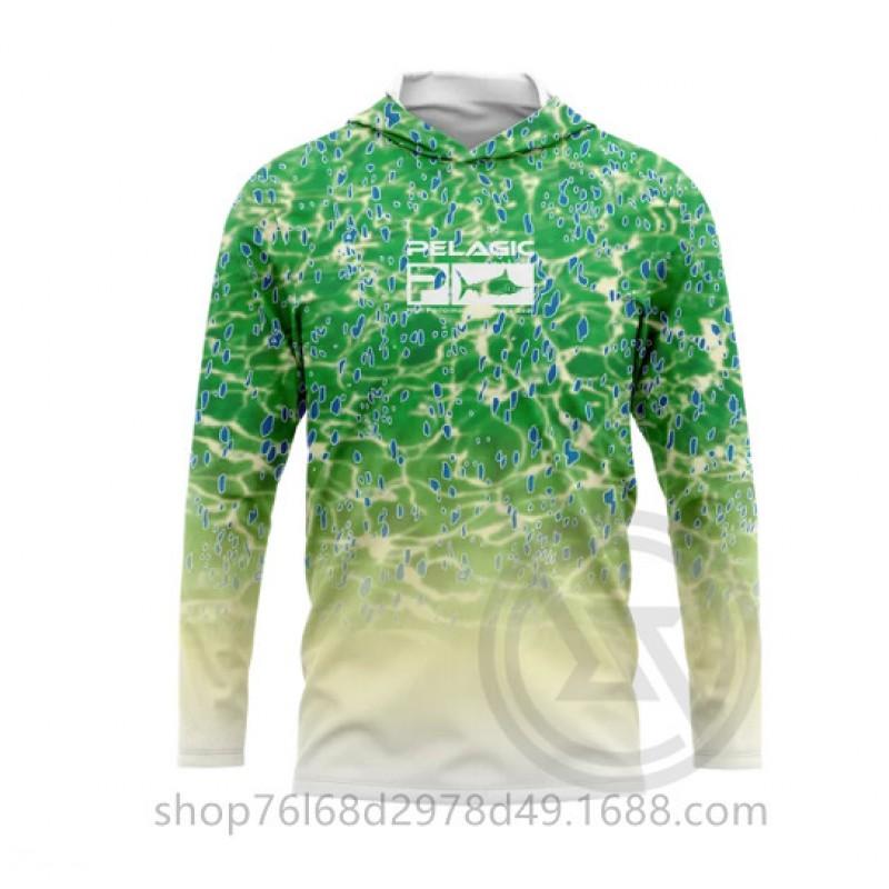 Mens Quick-Dry Ice Silk Long Sleeve Fishing Shirt UPF50 Sun Protection Hooded Tee With Integrated Face Cover