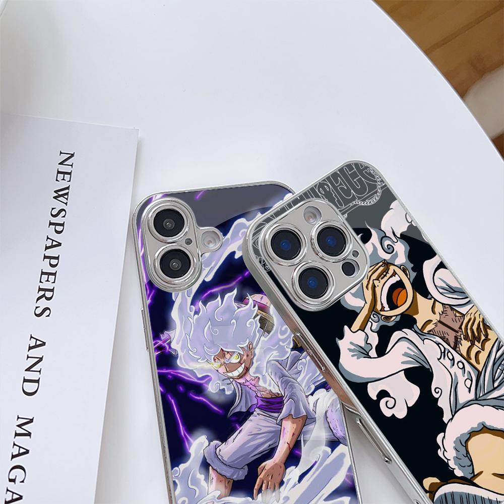 Чехол для телефона N201 One Piece Luffy Gear 5 art для iPhone 16 15 Pro Max 8 Samsung S24 S23 A54 A35 Redmi Note 13 12 Pro с позолоченной рамкой и закаленным стеклом