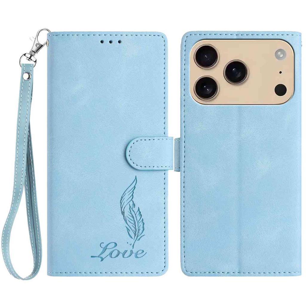 For iPhone 17 Pro Case Imprinted Feather PU Leather Wallet Phone Cover with Wrist Strap