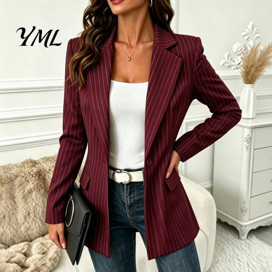 Lady Work Jacket Women Striped Blazer with One Button, Breathable Business Casual Outerwear Jacket, Long Sleeves Notch Lapel Collar Coat for Fall
