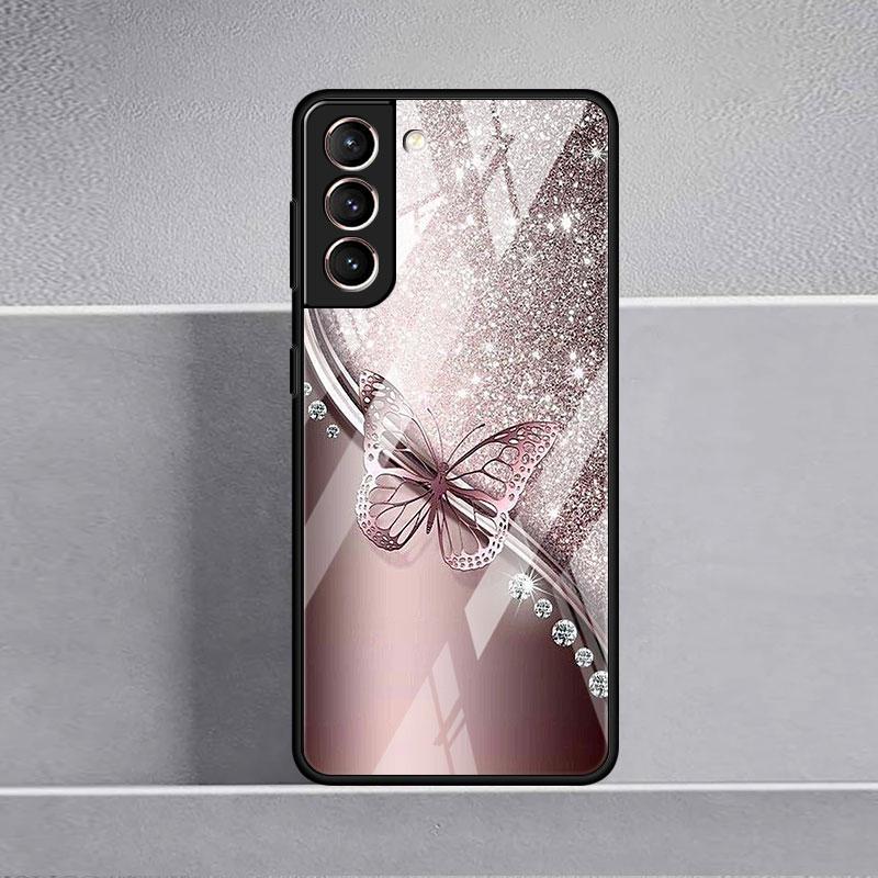 Красивый стеклянный чехол с розовой бабочкой для Samsung Galaxy S22 S20 FE S21 Plus, чехол для телефона S10 5G S9 Note 20 Ultra 10 Lite Shell