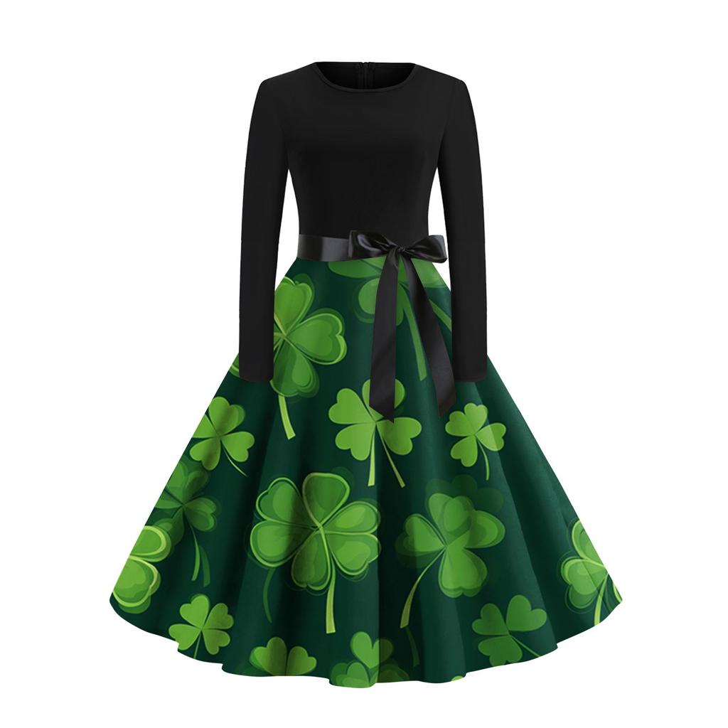 Women's Vintage Classic Dress Long Sleeve Valentine's Day Print Round Neck Swing Dress