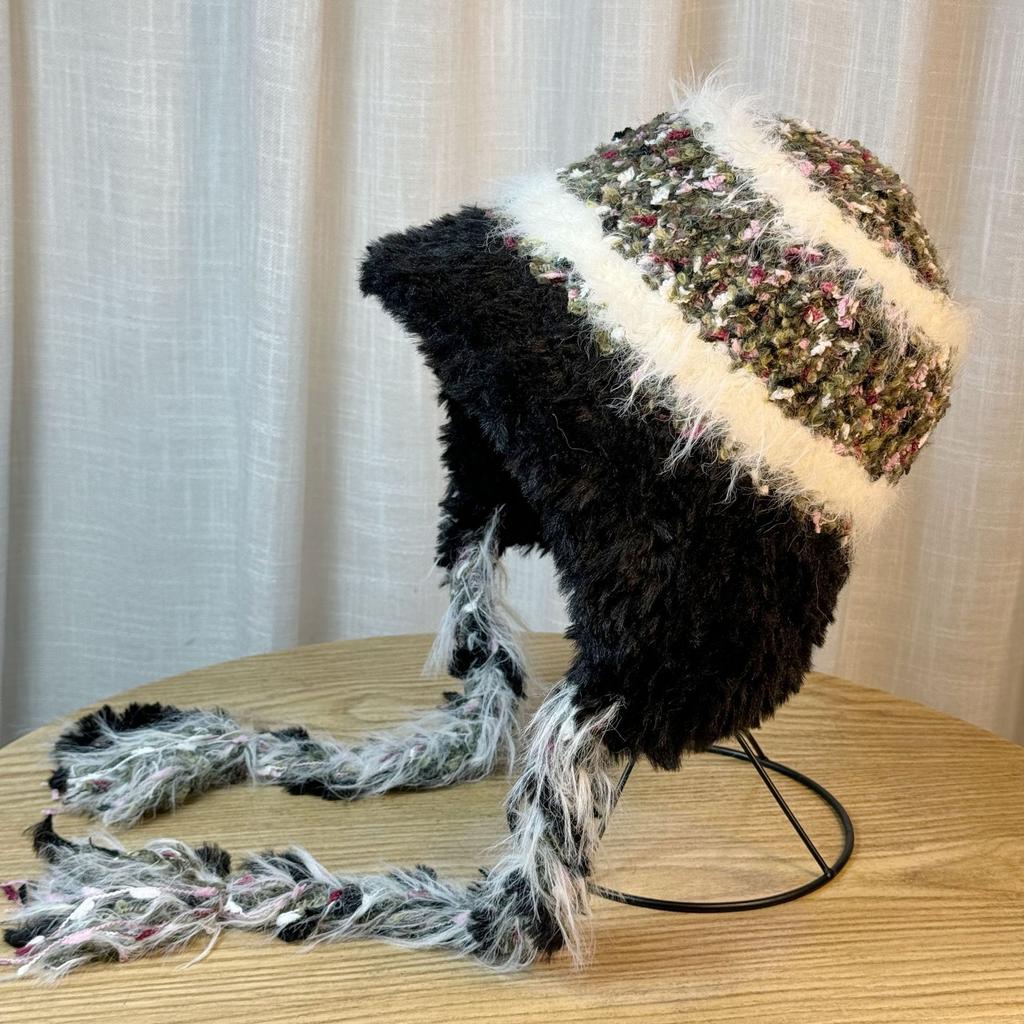 Ethnic Style Striped Splicing Knitted Woolen Hat Autumn and Winter Women's Thickened Warm and Cold Proof Ear Protection Hood Lei Feng Hat