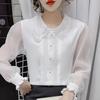 Long Sleeve White Chiffon Blouse Shirt Casual Doll Collar Women Tops J157