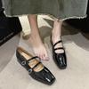 New Women  Janes Shoes French Small Square Toe Double Buckle Shallow Pumps Mid Thick Heels Dress Shoe Zapatos Mujer