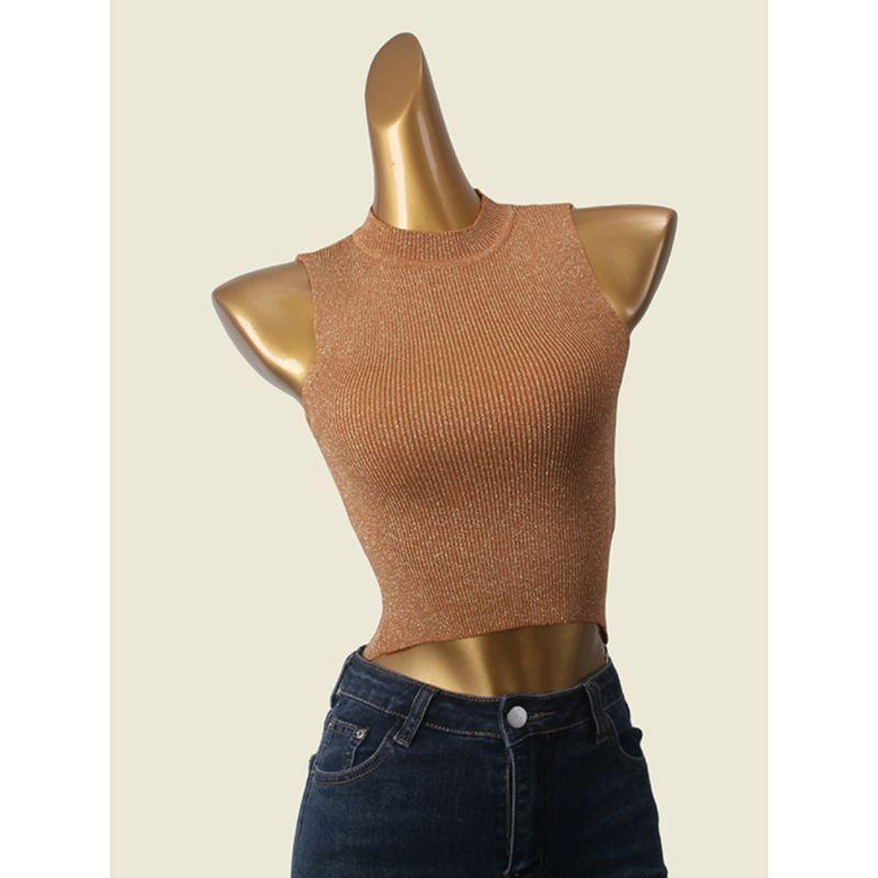 UJIA New Arrival Fashion Style Small Stand Collar Thin Sparkle Silver Silk Thread Knitted Vest Sexy All-Matching Tight Braces Vest