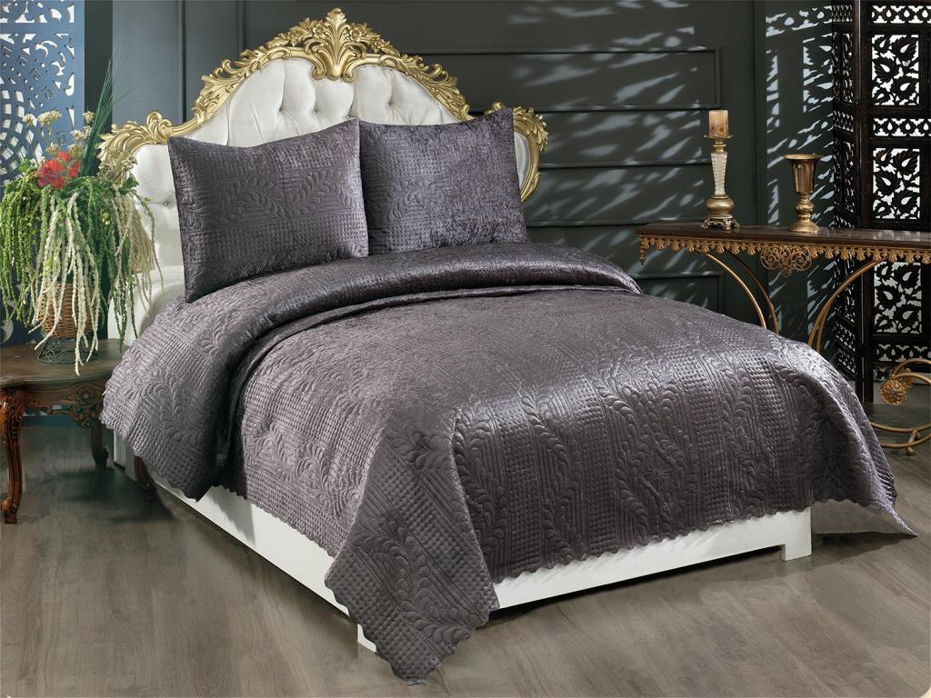 Velica Velvet Комплект постельного белья 3шт, Покрывало 250x260, Наволочка 50x70, Двойной размер, Queen, Антрацит