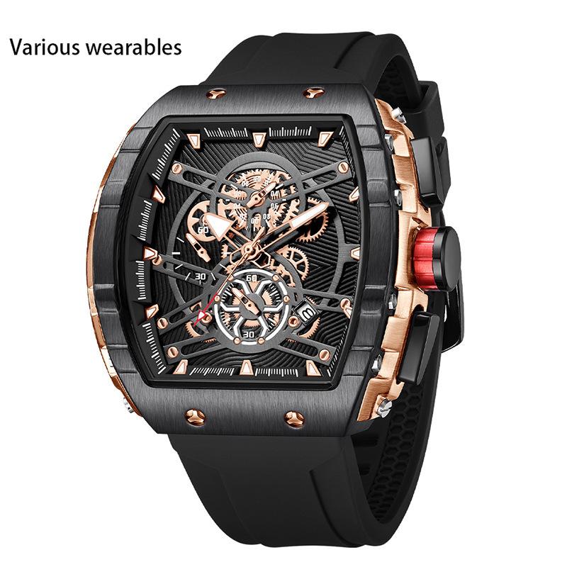Quartz Watch Trendy Barrel-shaped Men's Watch Three-eye Six-pin Multi-function Quartz Watch Calendar Fashion Watch