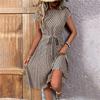 Women Summer Pleated Dress with Belt Round Neck Short Sleeve Medium Long