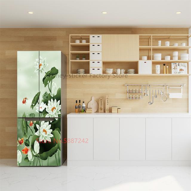 Наклейка на кухонный холодильник, виниловые обои на холодильник, полные покрытия, самоклеящаяся наклейка с цветком лотоса, морозильная камера, пленка, декор, плакат, наклейка
