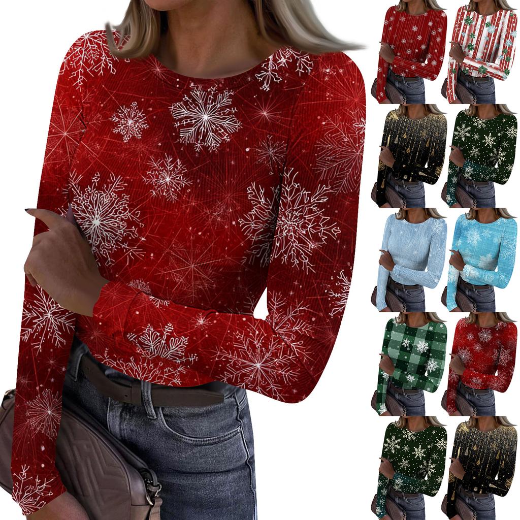 Women's Fashion Slim-Fit Round Neck Base Layer T-Shirt Christmas Print Long-Sleeved Top