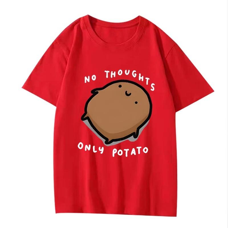 Cute Potato Pattern No Thoughts Only Potato Cartoon Printed Tshirt For Unisex Round Neck Top Short Sleeved Summer Casual Tshirt