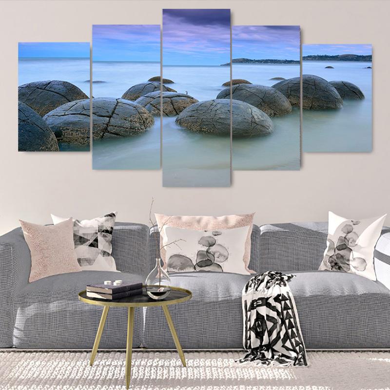 5 панелей Морской пейзаж Морской большой круглый камень Красочное небо Холст Картина Плакаты и принты Настенная картина Домашний декор без рамки