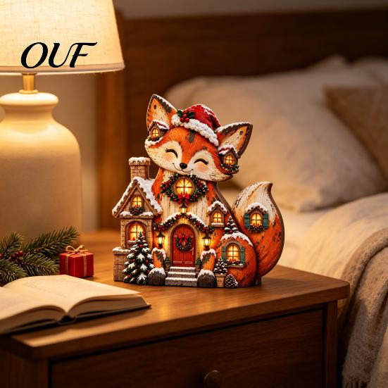 Seasonal Home Accents Christmas Wooden Fox Village House Table Ornament, Wood Block Tabletop Vintage Style Decor Centerpiece for Farmhouse Winter