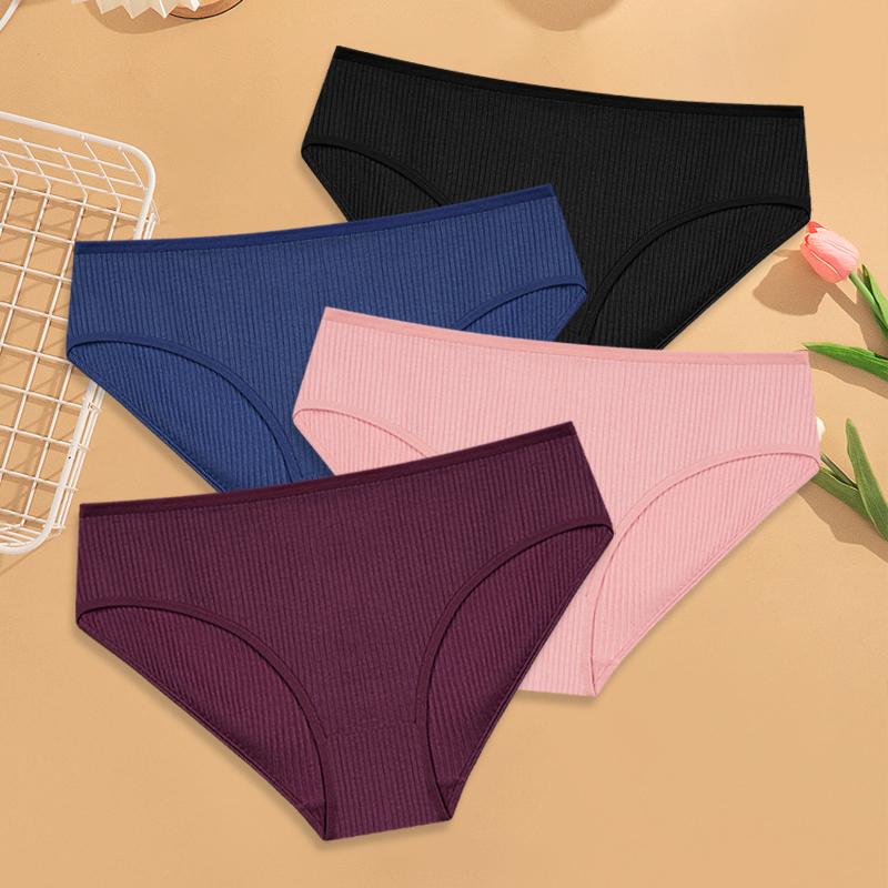 4Pcs Women's Cotton Ribbed Briefs Solid Breathable Elastic Underwear Sexy Simple Comfortable Panties Girls Soft Basics Lingerie