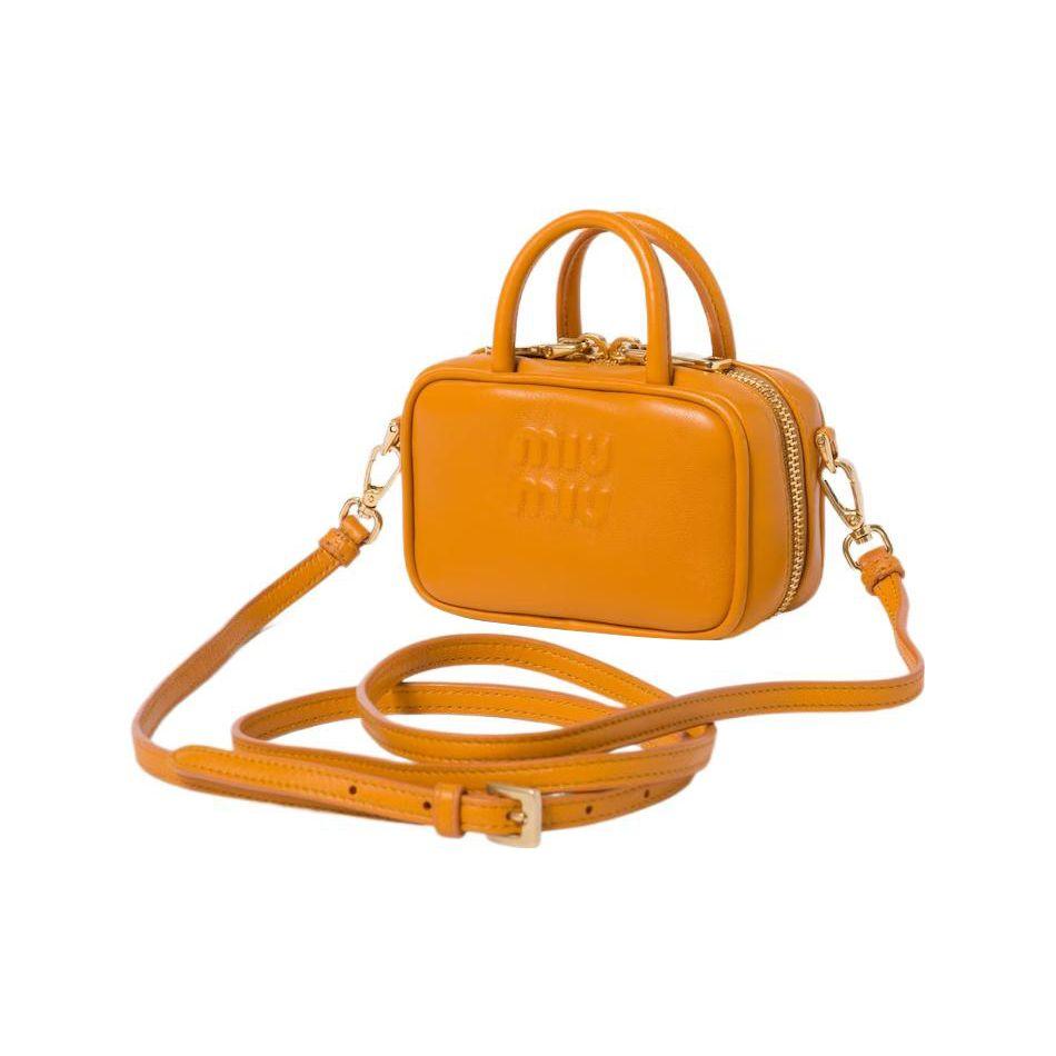 MIU MIU Embossed Letter Logo Detachable Adjustable Shoulder Strap Leather Mini Handbag Women Handbags Pomegranate-Yellow 5NR020-2F8W-F0E05