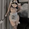 Porno Maid Dress Sexy Cosplay Lingerie for Women Babydoll PU Leather Hollow Out Bra Crotchless Skirt Set French Apron Outfit