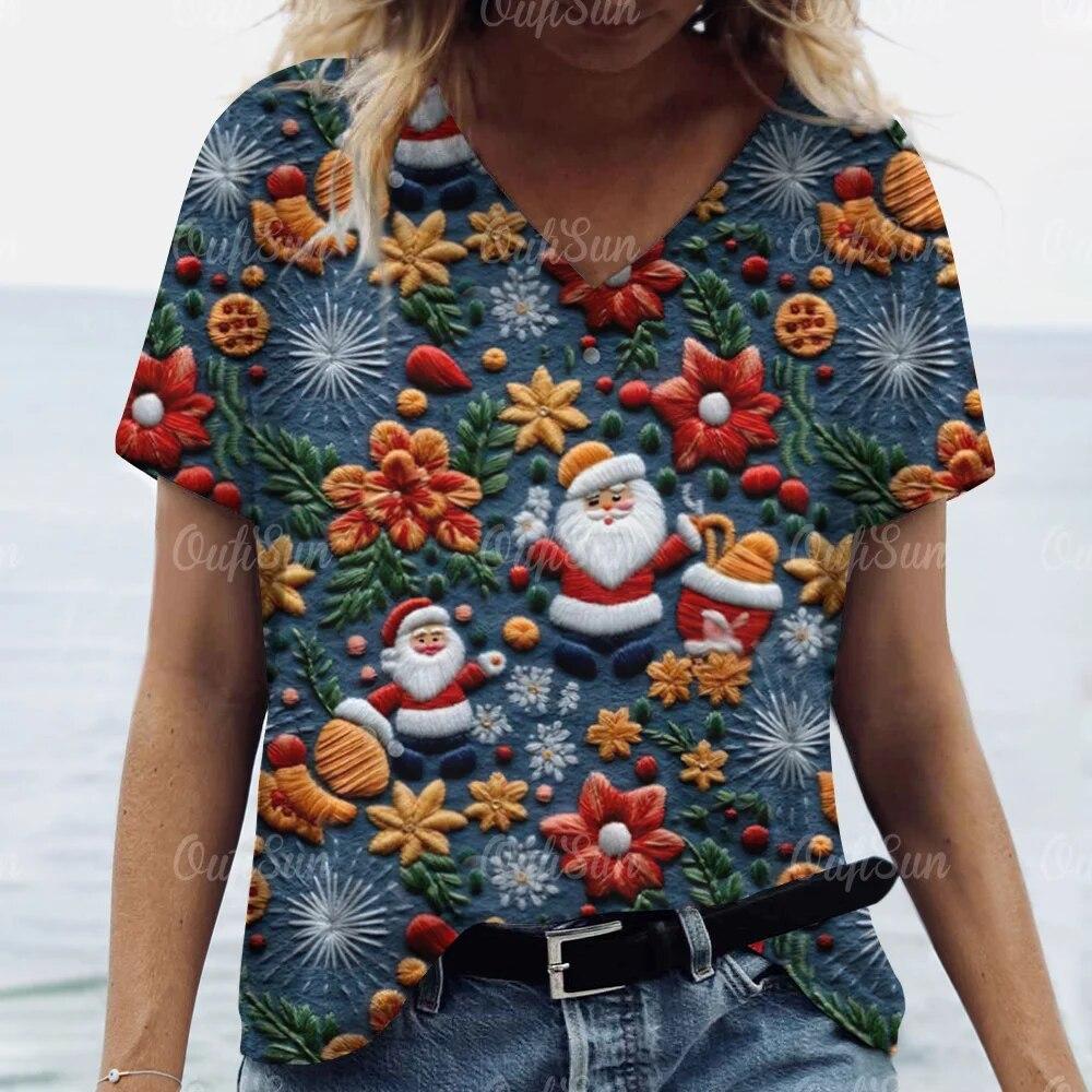Новая рождественская женская футболка с 3D принтом Санта-Клауса, футболки с короткими рукавами и v-образным вырезом, уличная одежда большого размера, женский пуловер в стиле Харадзюку, топы