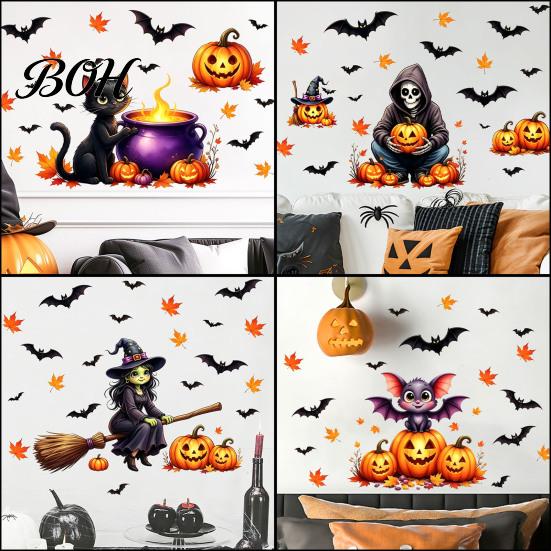 DIY Halloween Party Photo Props Cute Wall Decals, Black Cat Witch Bat Pumpkin Stickers, Fall Removable Festive Glass Window Stickers Peel & Stick Art