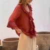 Women Shirt V-Neck 45355 Flying Sleeve Ruffle Stitching Design Solid Color Pullover Tops Loose Fit Casual